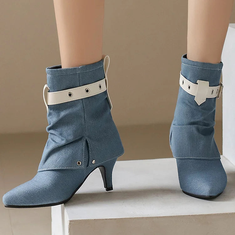 Colorblock Strap Buckle Fold Over Pointed Toe Kitten Heel Ankle Boots