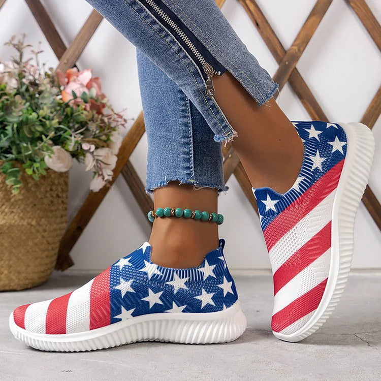 Striped Star Pattern Print Slip On Casual Lightweight Sneakers