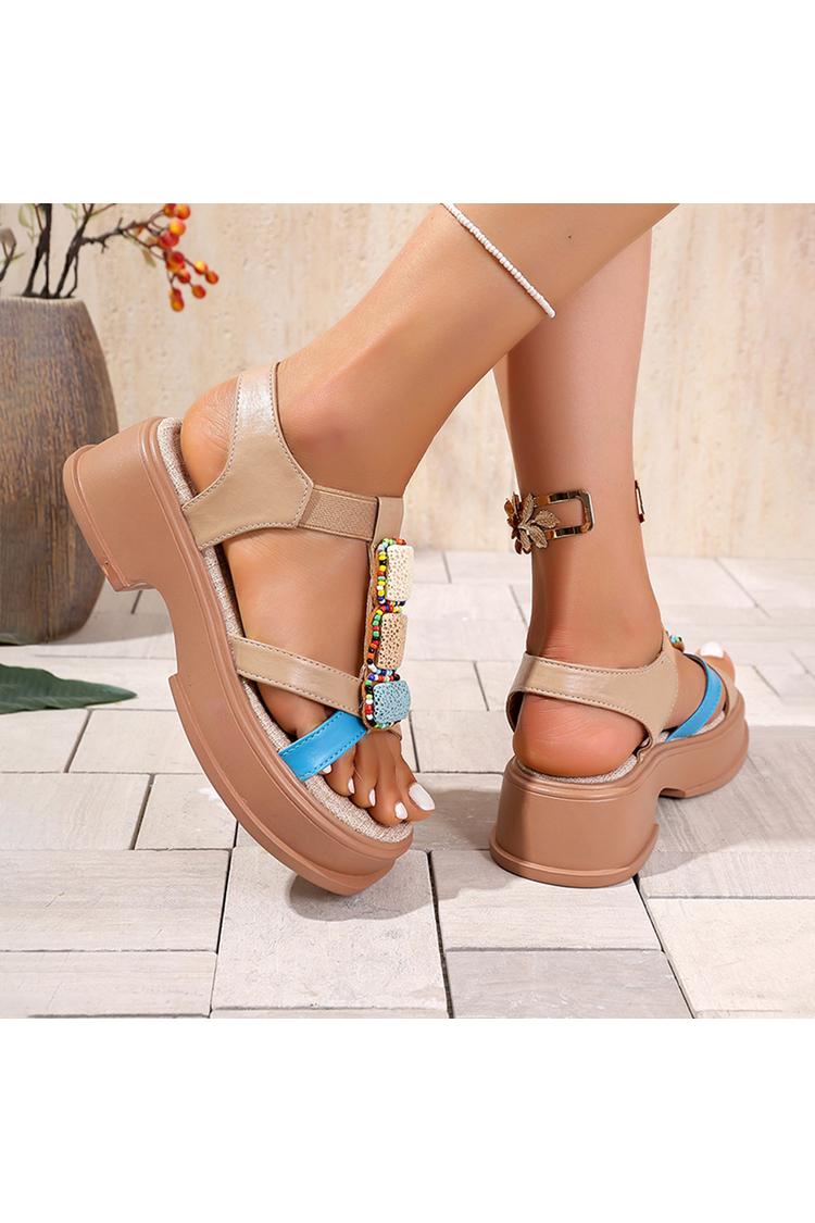 Mehrfarbige Perlen Dekor T-Riemen Rund Zehen Freizeit Outdoor Sandalen