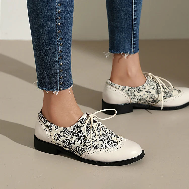 Floral Pattern Canvas Patchwork Lace Up Round Toe Casual Oxfords