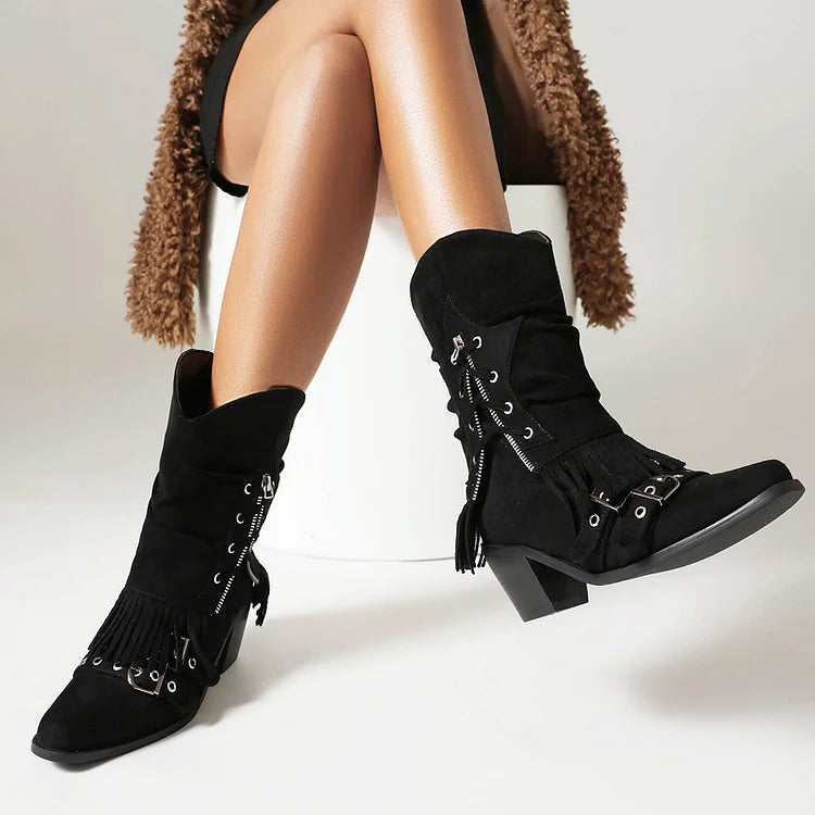 Fold Over Fringed Trim Zipper Pointed Toe Chunky Heel Western Boots