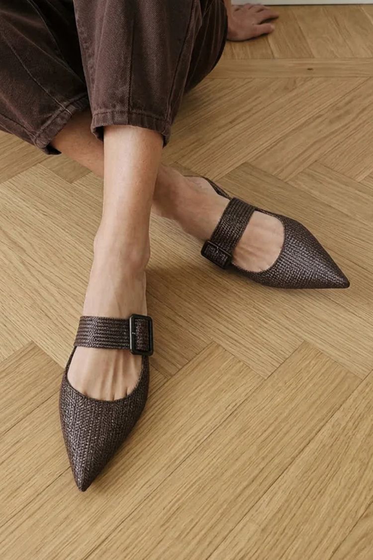 Vintage Dark Brown Woven Pointed Toe Buckle Strap Flat Mules [Pre Order]