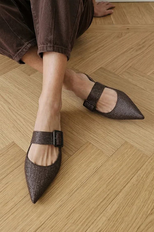 Vintage Dark Brown Woven Pointed Toe Buckle Strap Flat Mules [Pre Order]