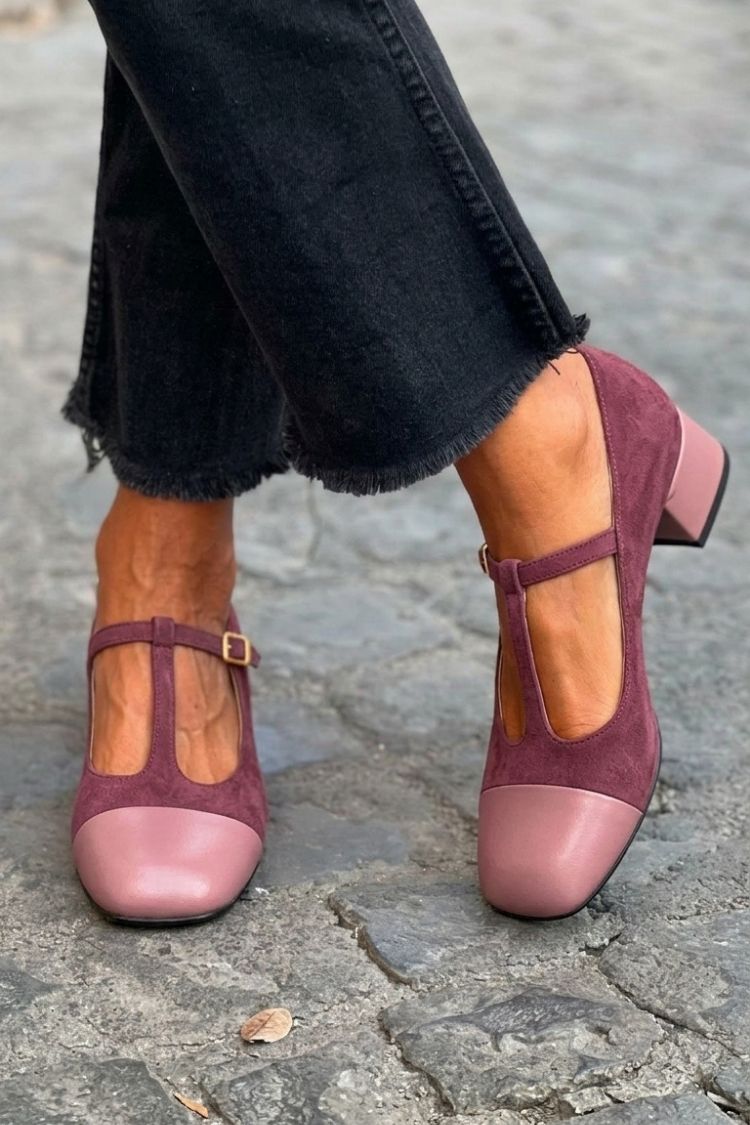 Colorblock T-Strap Buckle Round Toe Purple Chunky Heels