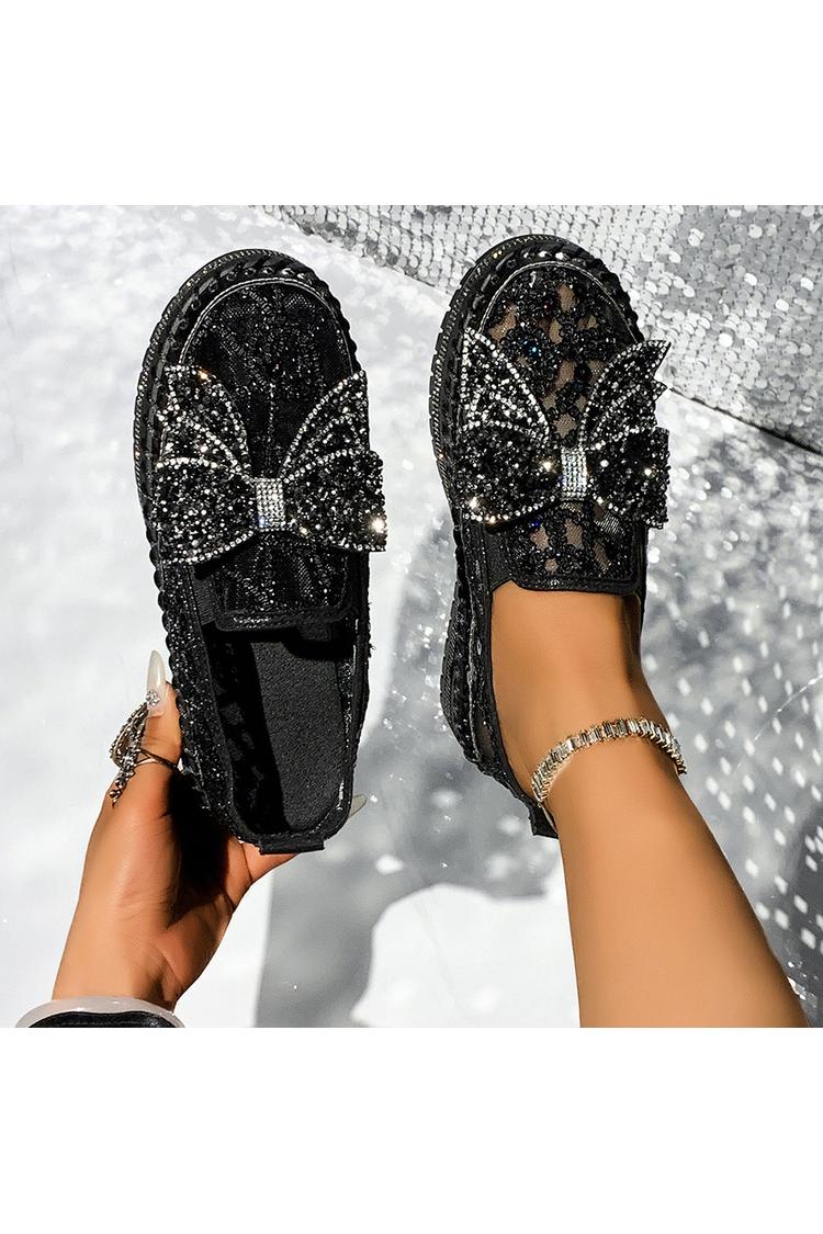 Strass Schleifen Dekor Mesh Runde Zehen Freizeit Plateau Slipper