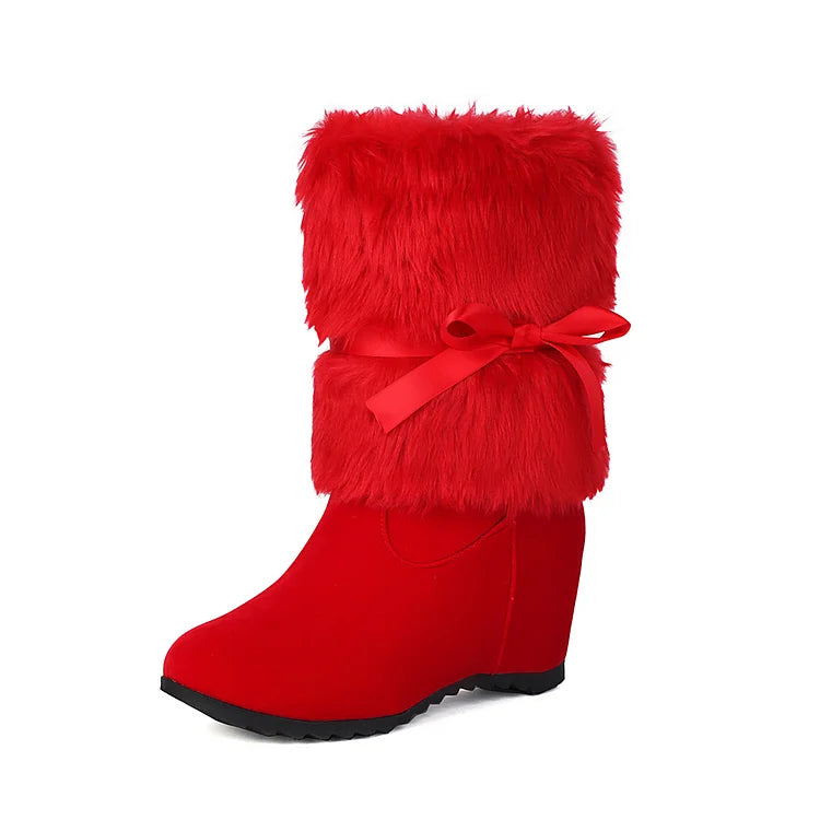 Christmas Fluffy Tied Up Bow Round Toe Wedge Heel Mid Boots