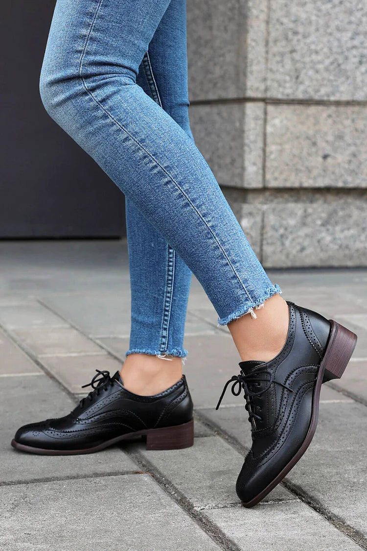 Colorblock Round Toe Low Block Heel Lace Up Brogue Oxfords