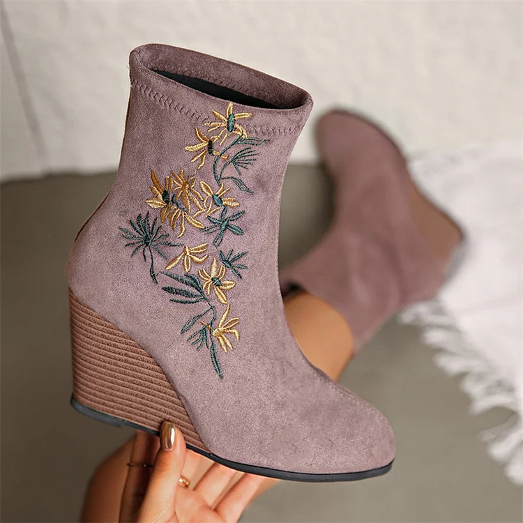 Floral Embroidery Round Toe Wedge Heel Pull On Ankle Boots