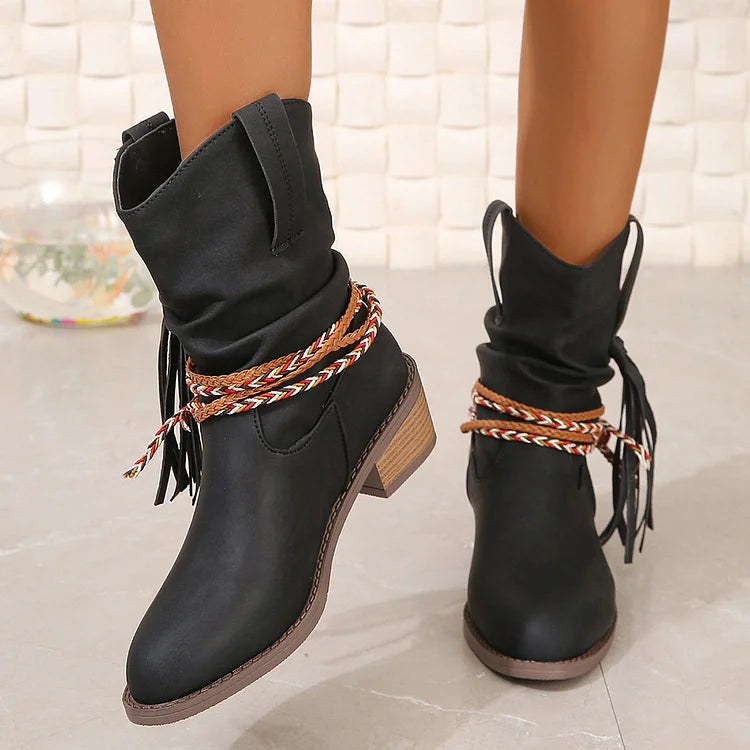 Braided Rope Tassel Decor Slouch Pointed Toe Chunky Heel Ankle Boots