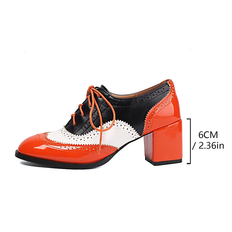 Scarpe Oxford Brogue con Tacco Grosso e Lacci, Punta Rotonda e Patchwork Color Block 