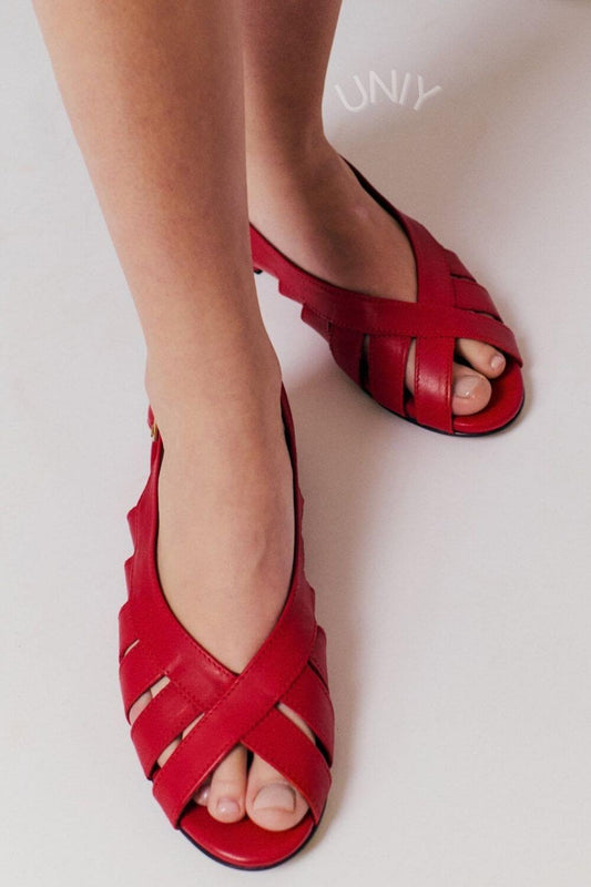 Krzyżowe wycięcia sztuczne skórzane baleriny z odkrytymi palcami [Przedsprzedaż]