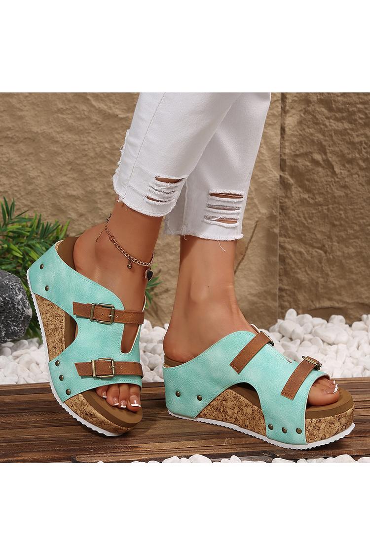 Pantofole casual con zeppa, punta rotonda, due cinturini e fibbie colorblock 