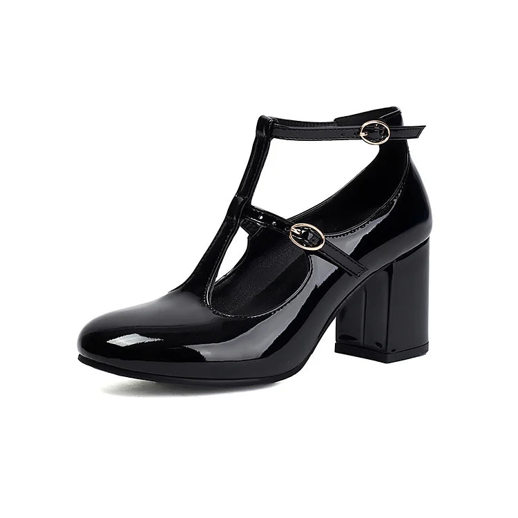 Solid Color Cross Strap Buckle Round Toe Chunky Heels