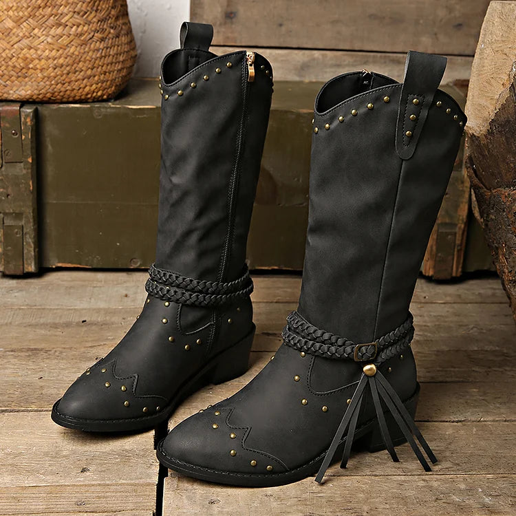 Metallic Studded Braided Strap Decor Pointed Toe Chunky Heel Mid Calf Boots