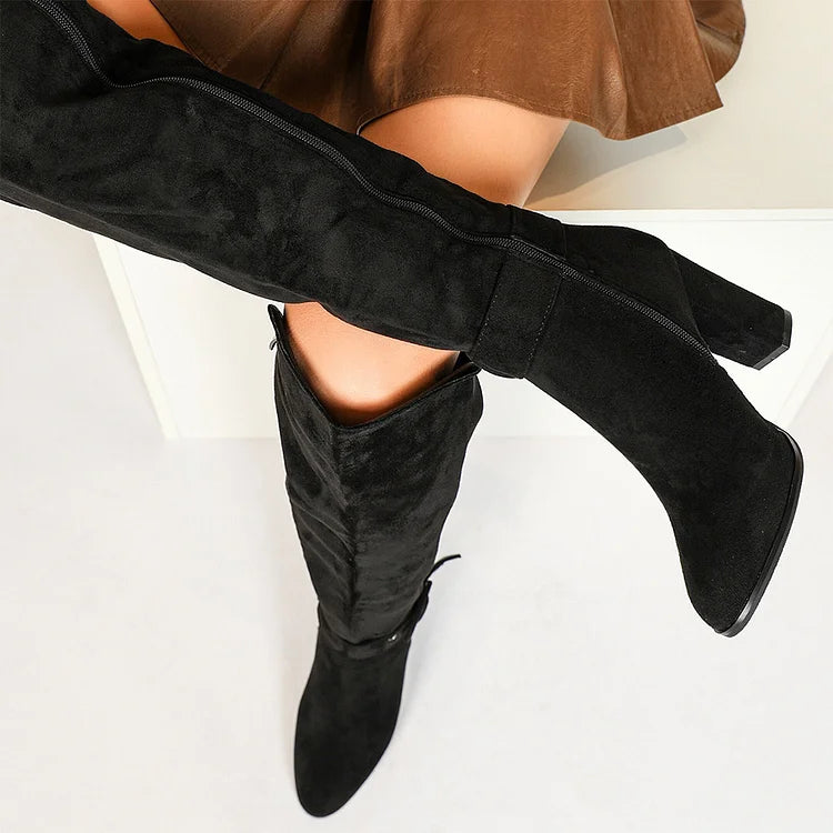 Strap Buckle Decor Irregular Edge Pointed Toe Chunky Heel Knee High Boots