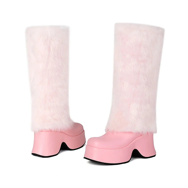 Faux Fur Trim Round Toe Chunky Heel Platform Long Boots