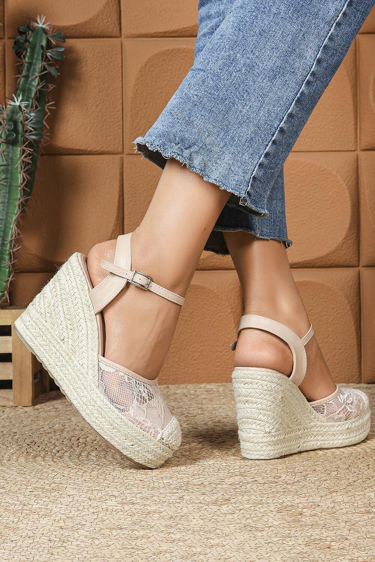 Sandali con zeppa casual con punta tonda, cinturino alla caviglia, fibbia e patchwork in pizzo 