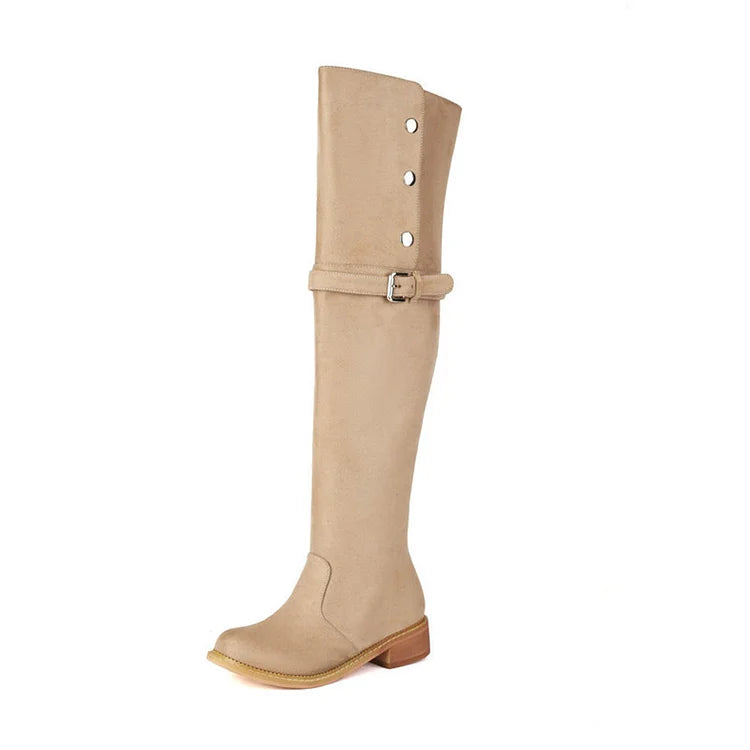 Metal Button Strap Buckle Decor Round Toe Over The Knee Boots