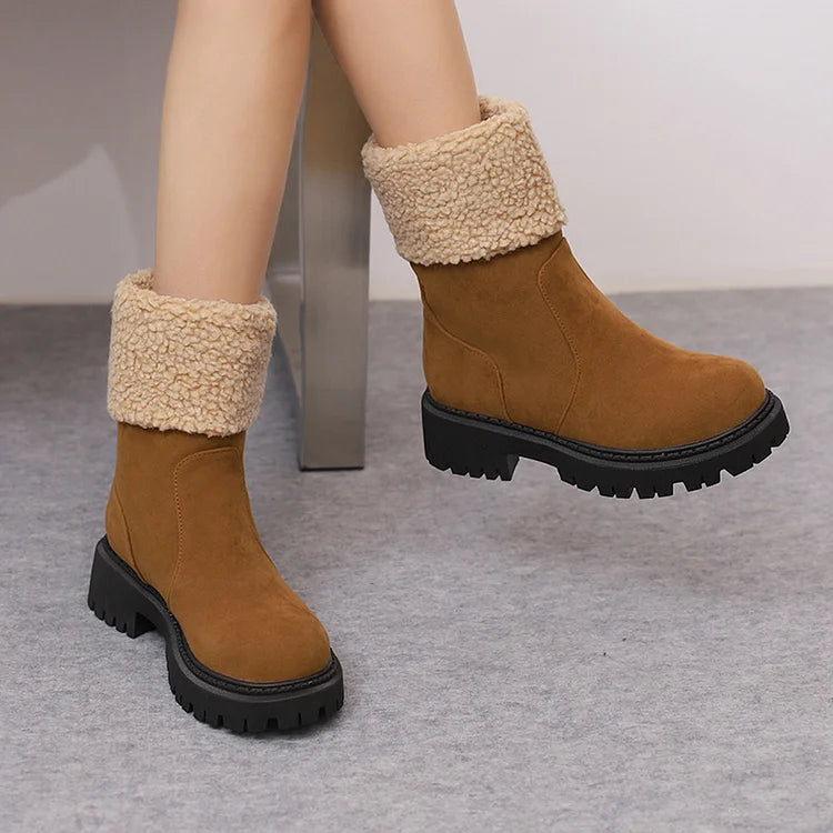 Patchwork Fluffy Trim Round Toe Chunky Heel Pull On Snow Boots