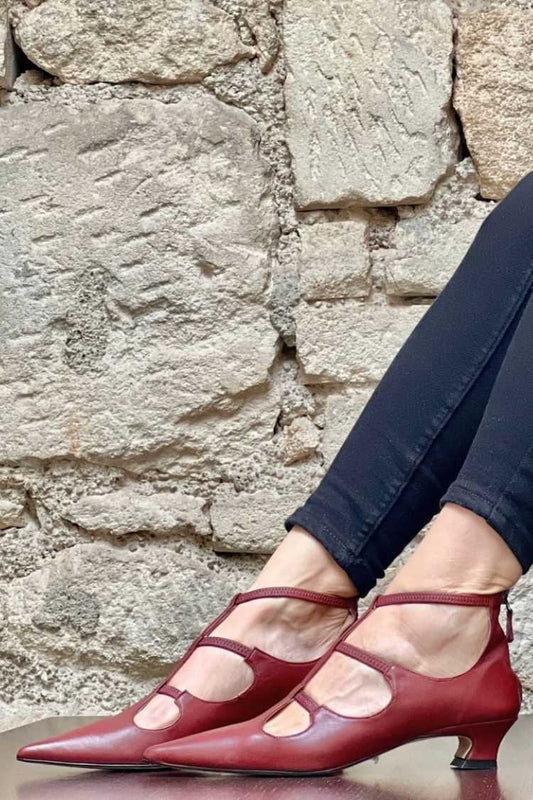 Faux Leather Cutout Strap Burgundy Heels [Pre Order]