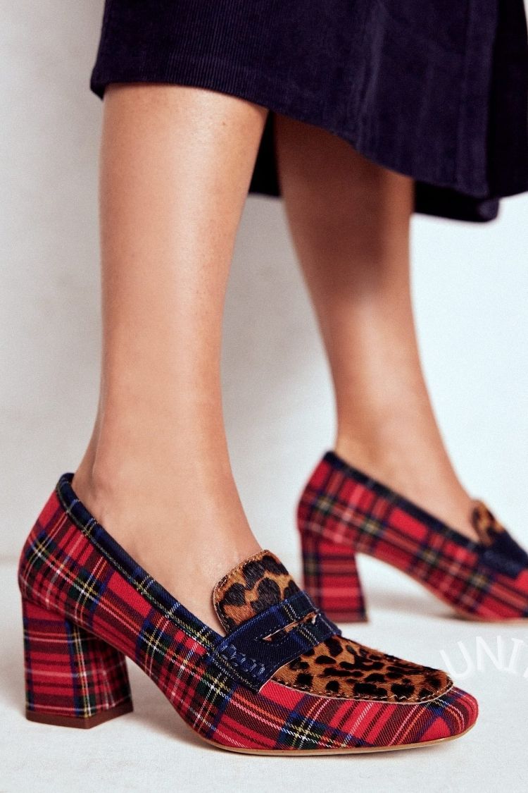 Scarpe con tacco a blocco e stampa leopardata a quadri rossi [Pre-ordine]