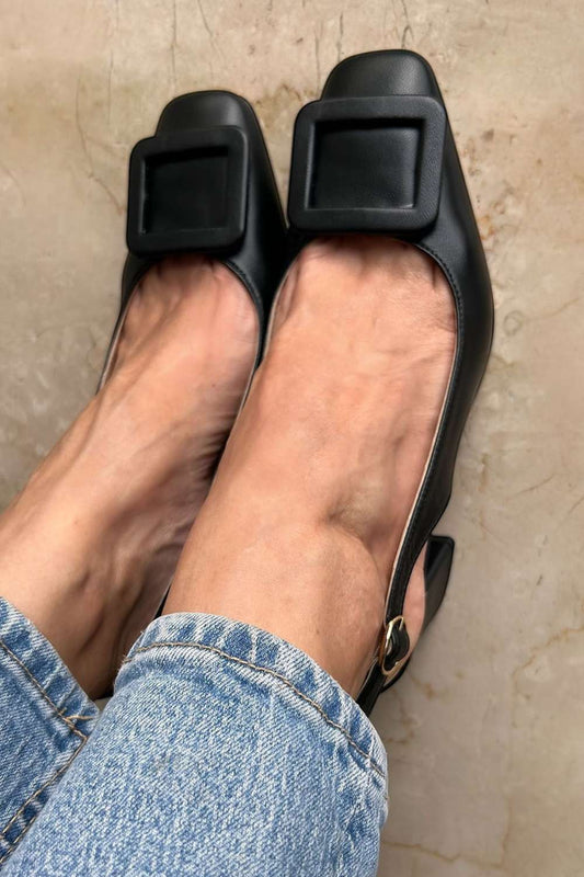 Faux Leather Black Square Buckle Block Heel Pumps [Pre Order]