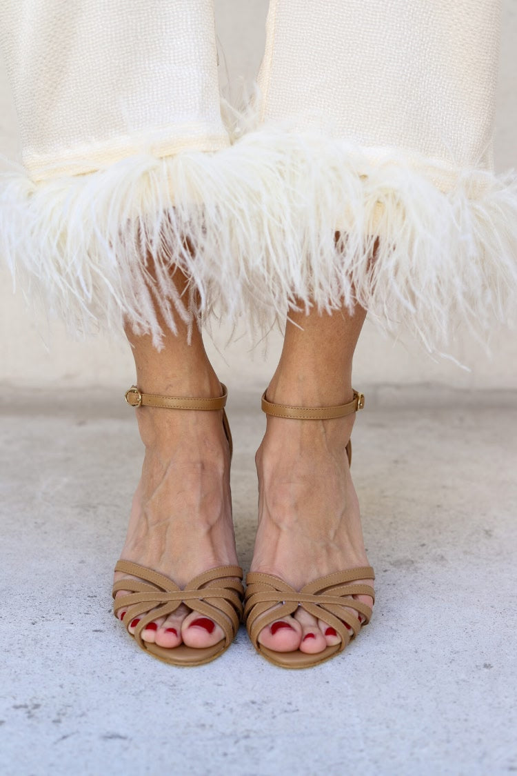 Strappy Open Toe Ankle Strap Tan Block Heels [Pre Order]