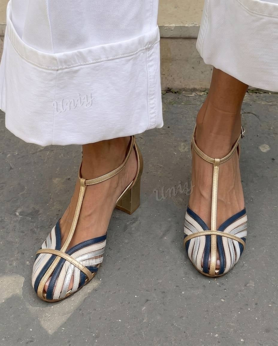 Strappy Caged Peep Toe T-Strap Block Heel Sandals [Pre Order]