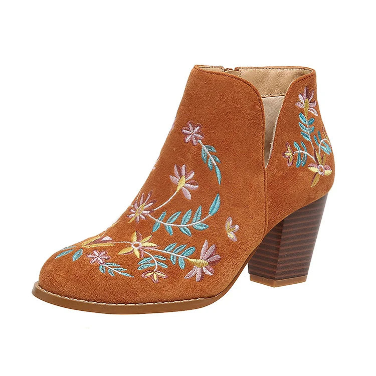 Floral Leaf Embroidery Round Toe Zipper Chunky Heel Ankle Boots