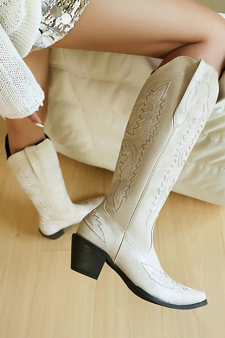 Pointed Toe Embroidery Patchwork Chunky Heel Pull On Western Boots