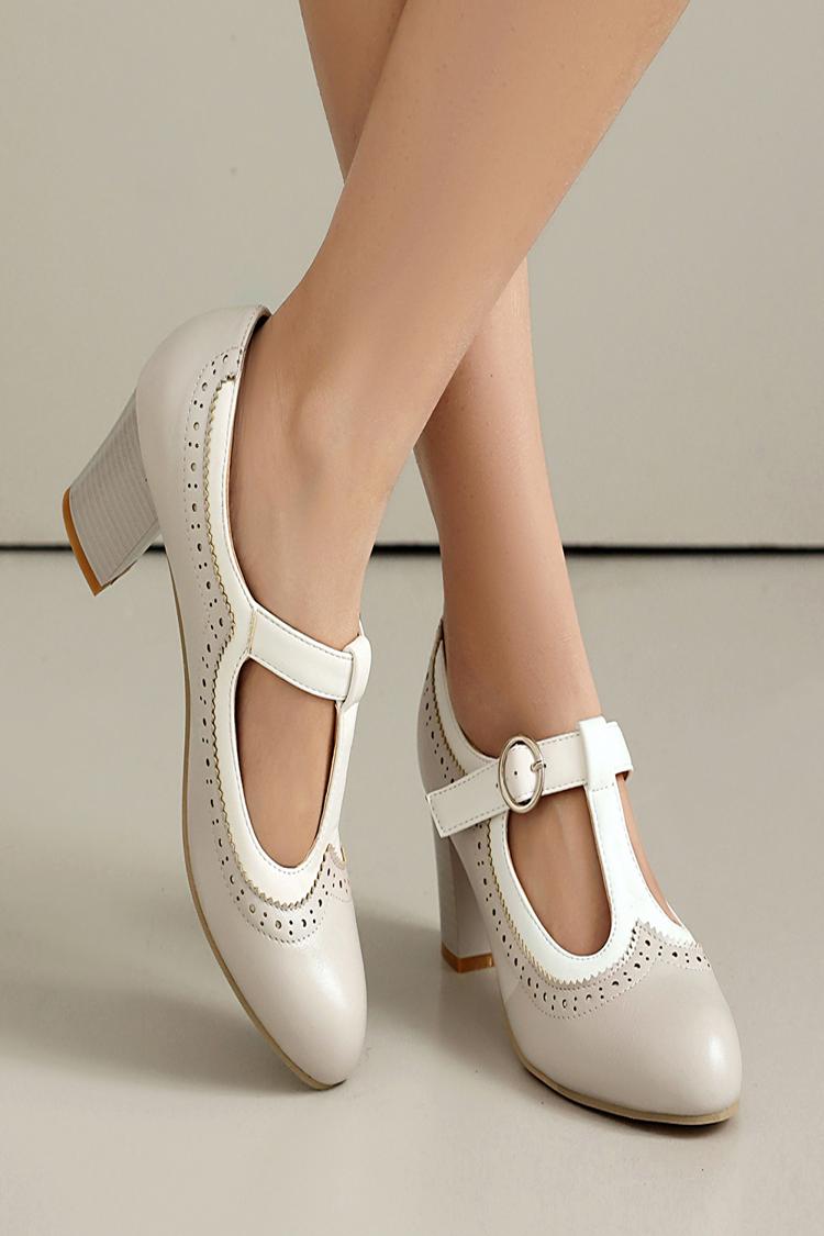 Colorblock T-Strap Buckle Round Toe Elegant Chunky Heels