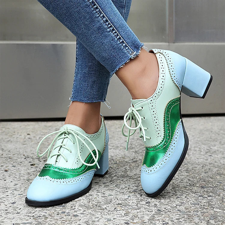 Scarpe Oxford Brogue con Tacco Grosso e Lacci, Punta Rotonda e Patchwork Color Block 