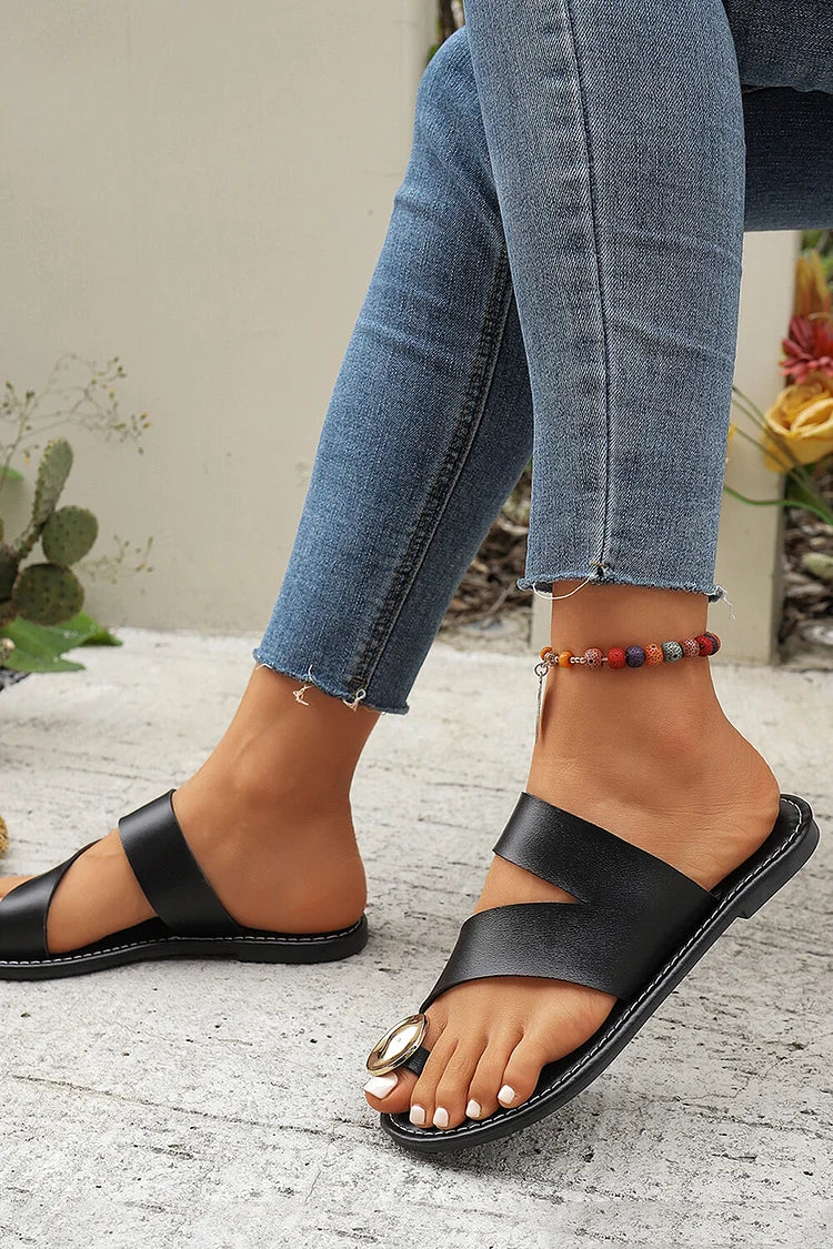 Metal Decor Toe Ring Cutout Solid Color Casual Slippers