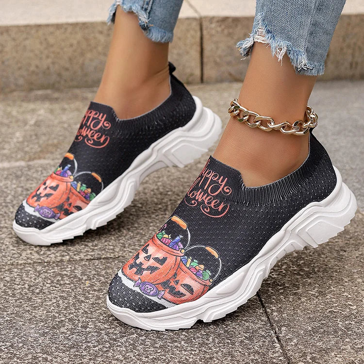 Happy Halloween Floral Skulls Ghost Pumpkin Spider Web Print Slip On Sneakers