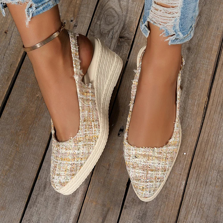 Raw Trim Pointed Toe Slingback Strap Buckle Wedge Sandals