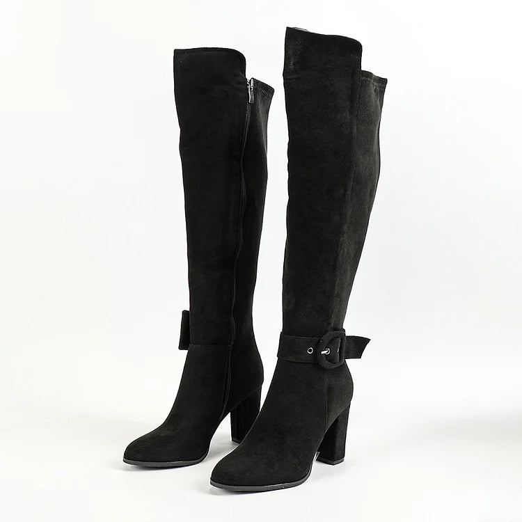 Strap Buckle Decor Irregular Edge Pointed Toe Chunky Heel Knee High Boots