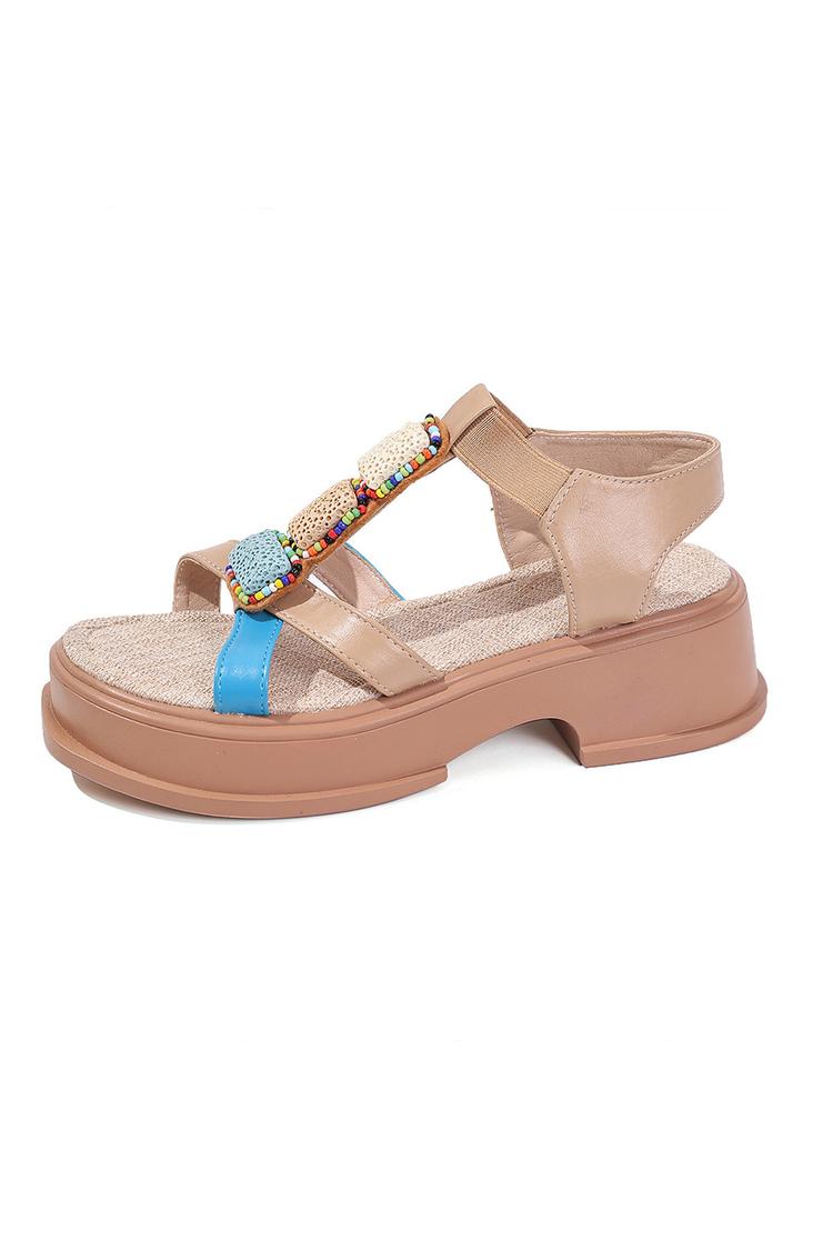 Mehrfarbige Perlen Dekor T-Riemen Rund Zehen Freizeit Outdoor Sandalen