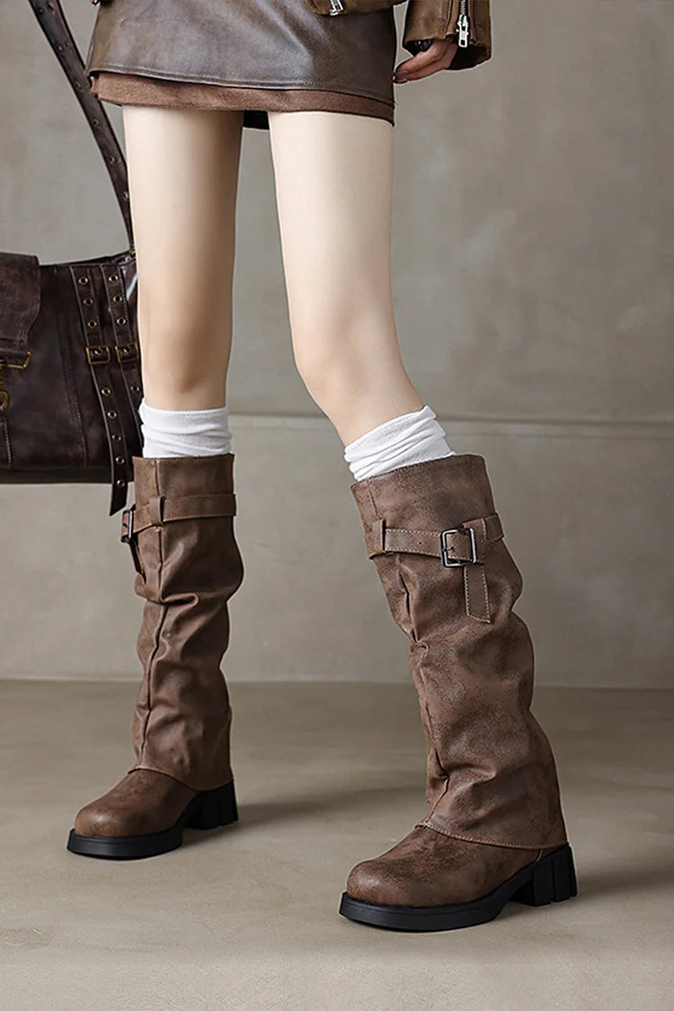 Strap Buckle Decor Fold Over Round Toe Chunky Heel Long Boots