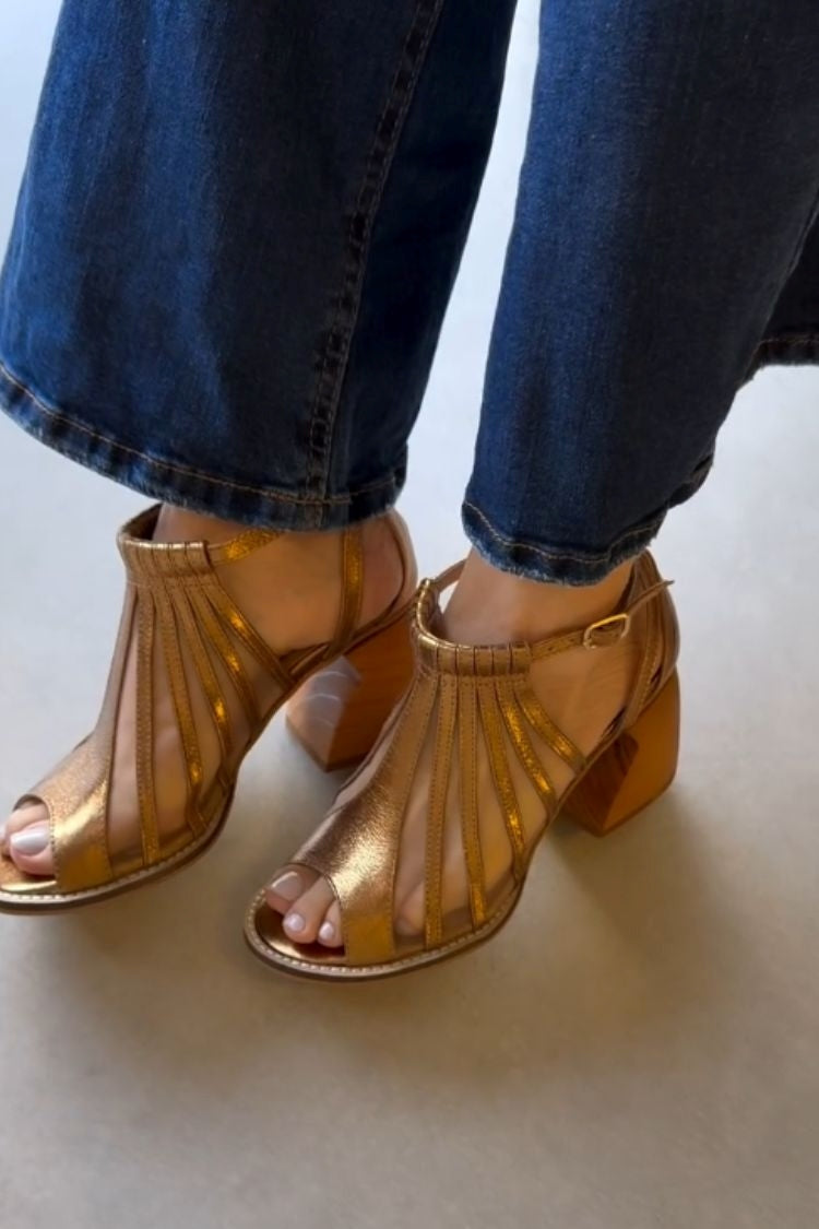 Gold Woven Strap Open Toe Ankle Strap Block Sandals