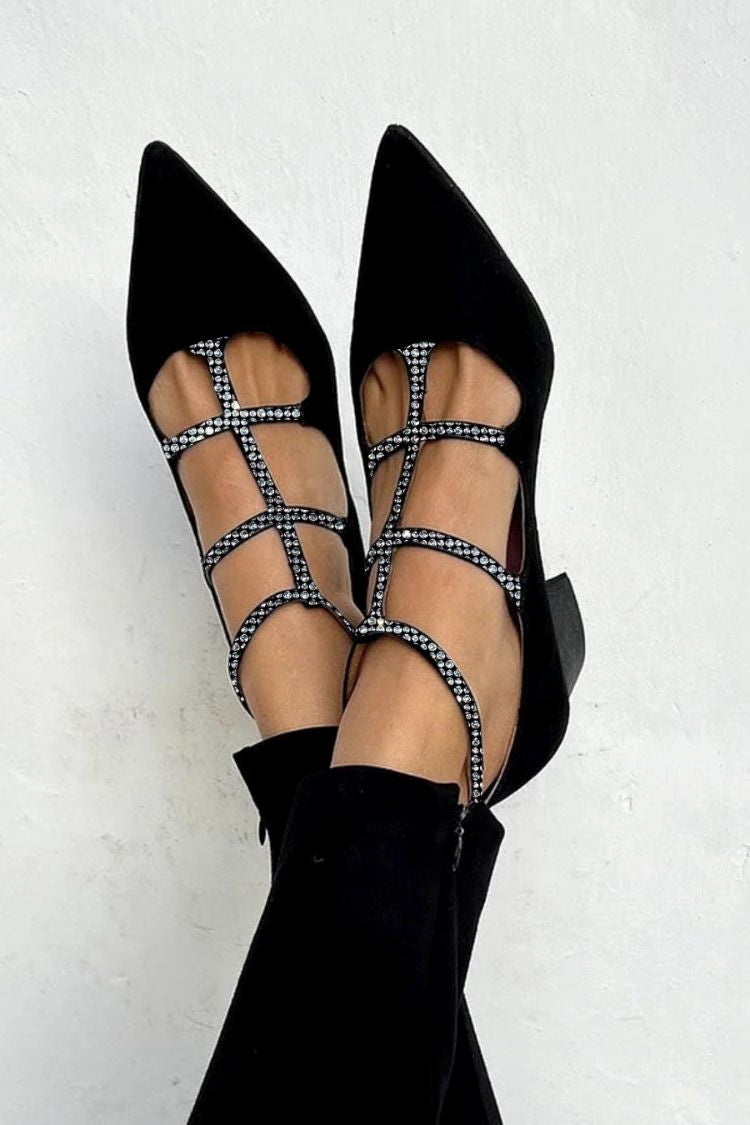 Schwarze spitze Zehen Kunstwildleder Kreuzriemen Strass Blockabsätze [Vorbestellung]