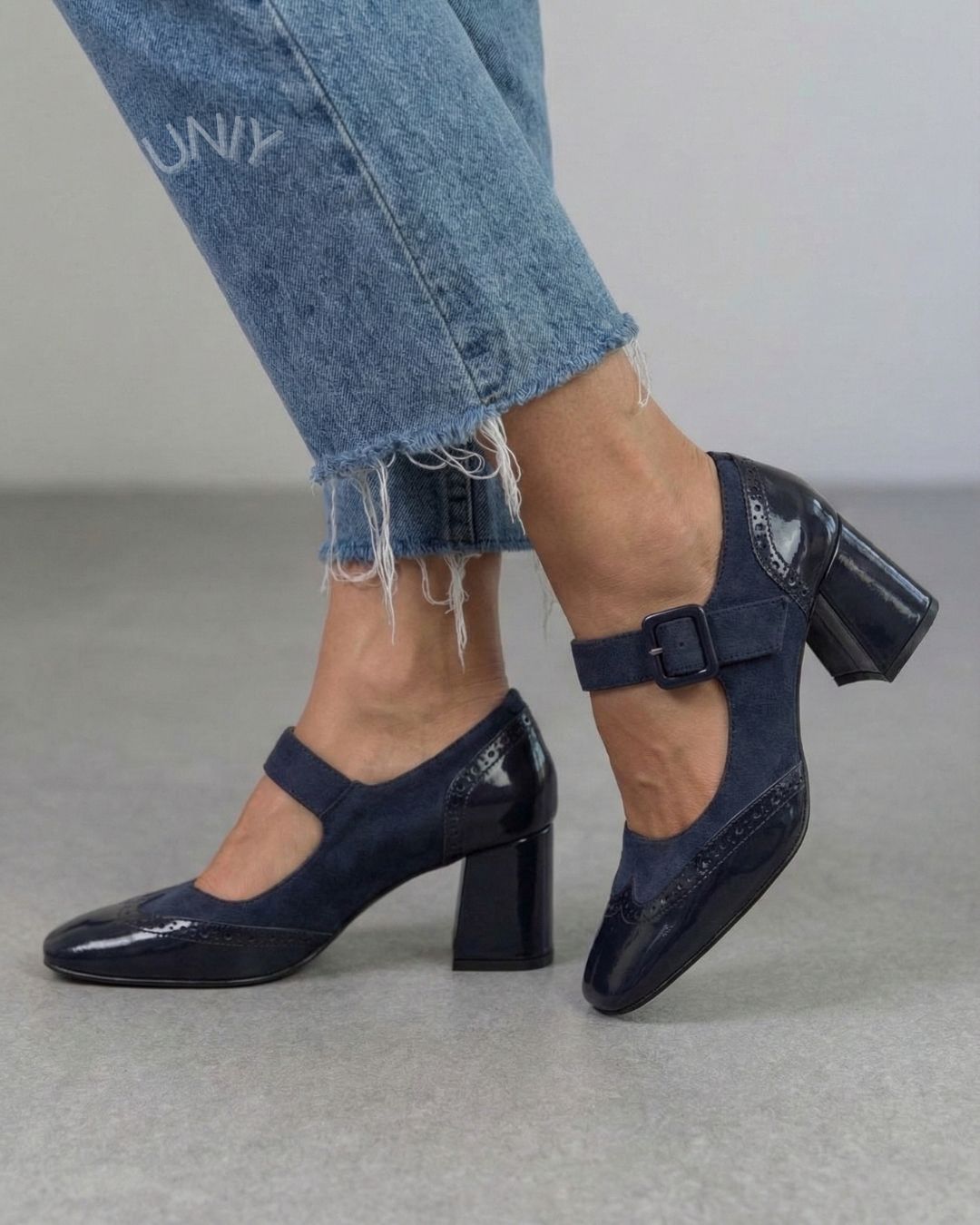 Elegant Navy Patent Leather Brogue Mary Jane Block Heels