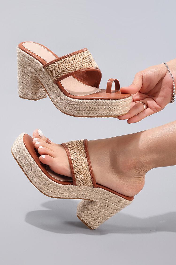 Woven Contrast Trim Toe Ring Casual Platform Chunky Heels