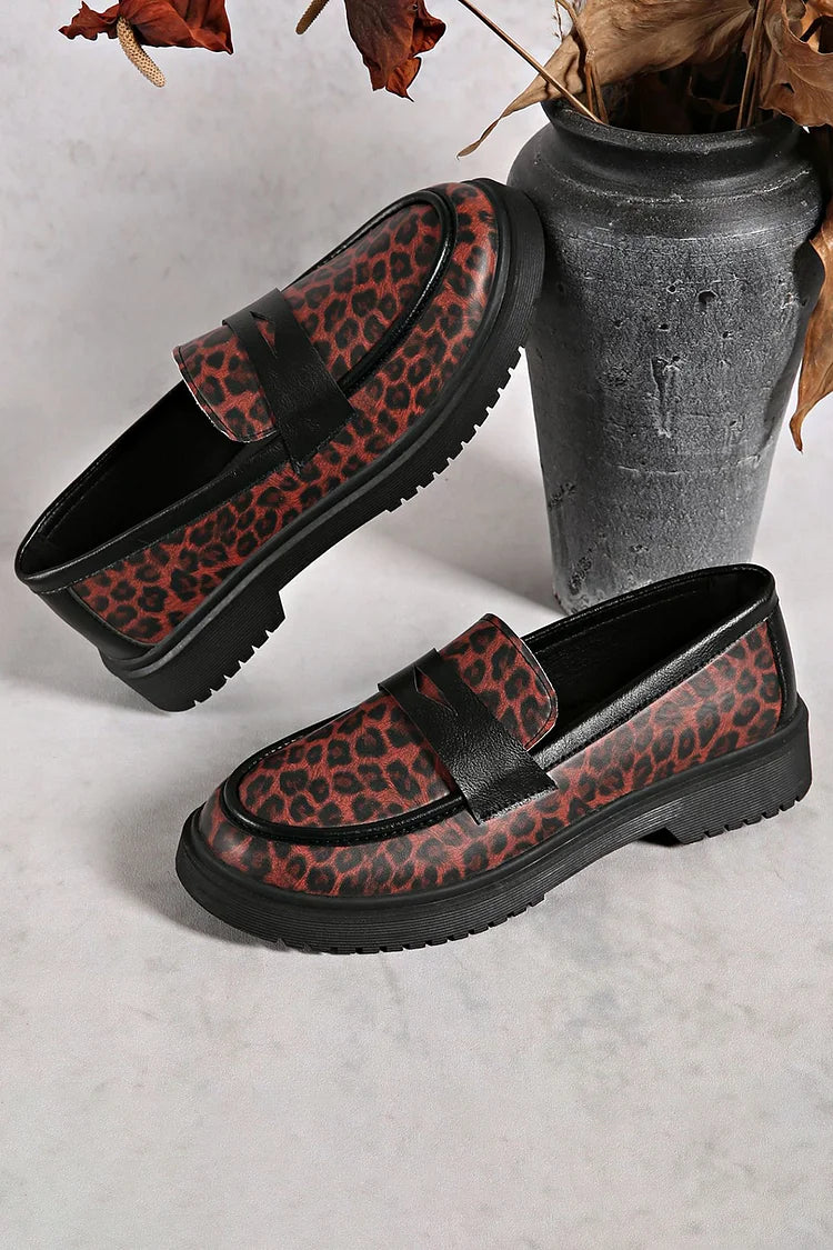 Colorblock Leopard Print Patchwork Round Toe Casual Loafers