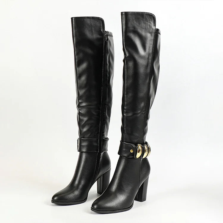 Irregular Metal Decor Pointed Toe Chunky Heel Zipper Knee High Boots