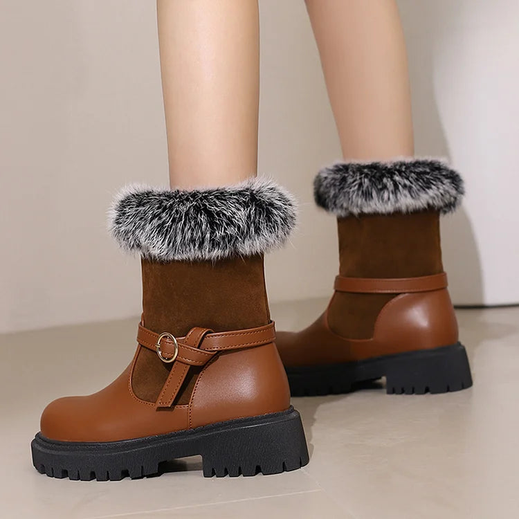 Patchwork Strap Buckle Decor Faux Fur Trim Round Toe Chunky Heel Ankle Boots