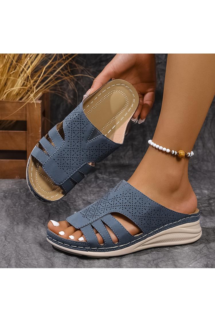 Pantofole casual con zeppa, punta rotonda, in tinta unita, con patchwork traforato 