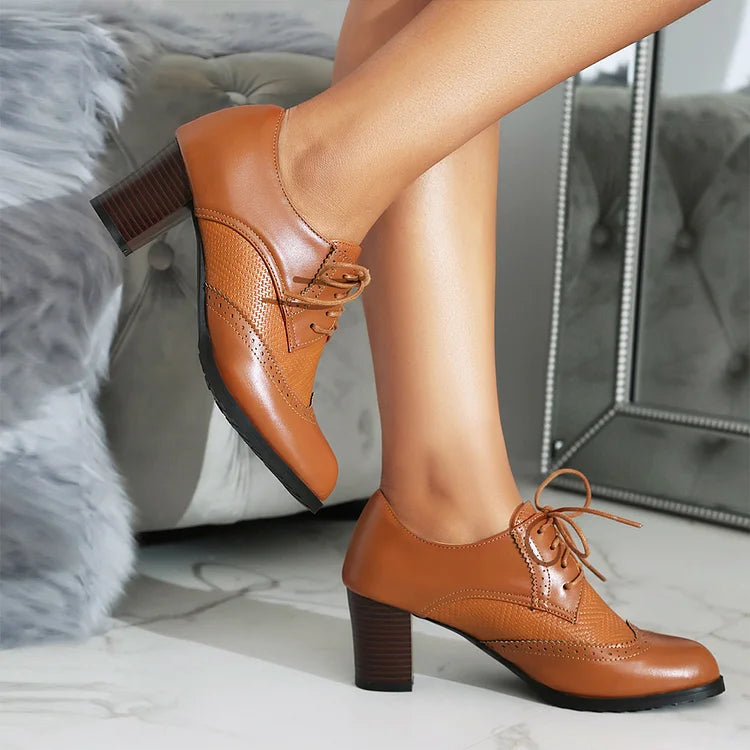 Metallic Sheen Patchwork Round Toe Lace Up Chunky Heels