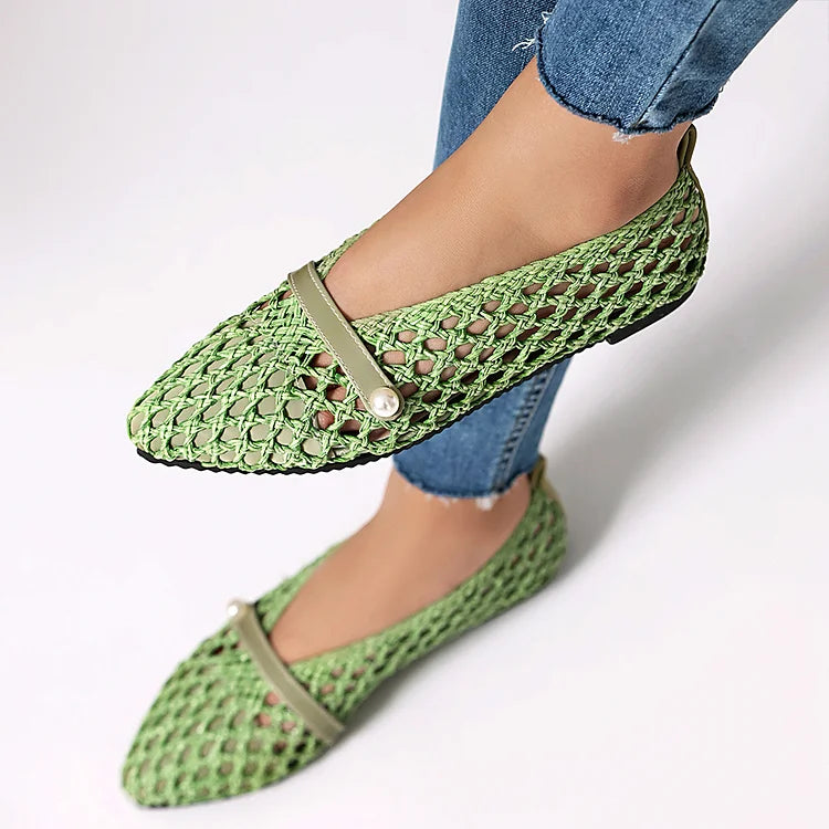 Patchwork Hollow Out Fishnet Instep Strap Pointed Toe Flats