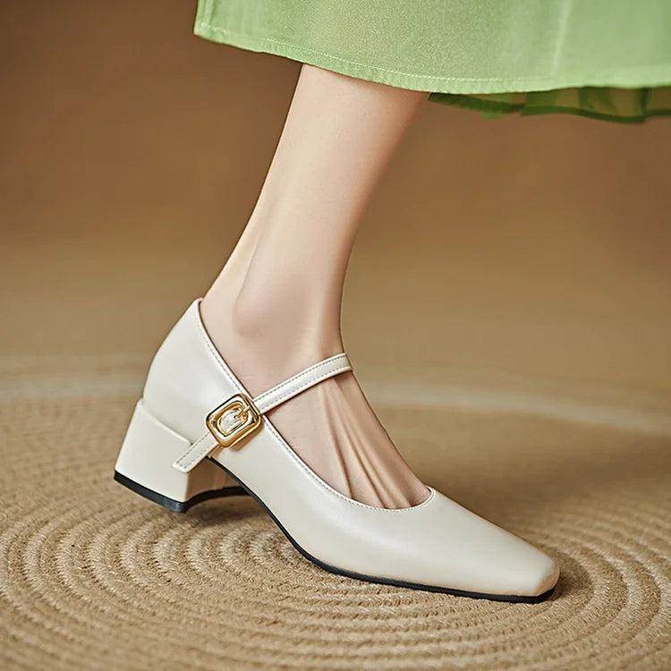 Instep Strap Buckle Metallic Sheen Square Toe Chunky Heels