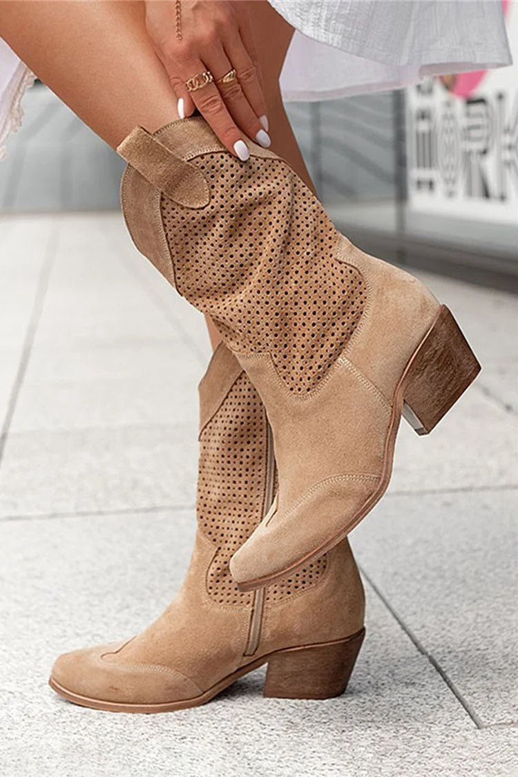 Hollow Out Patchwork Pointed Toe Chunky Heel Mid Boots